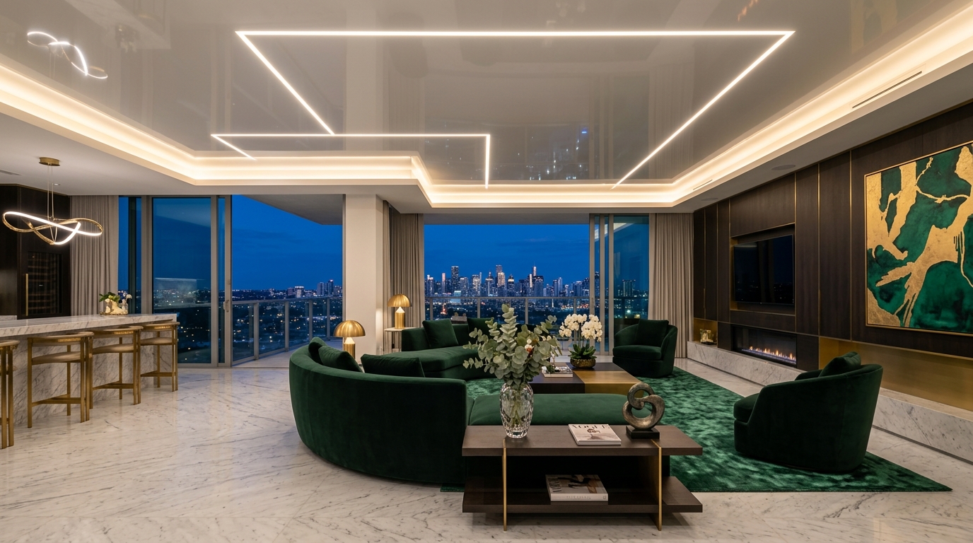 Luxusný napínací strop v penthousy s LED líniami
